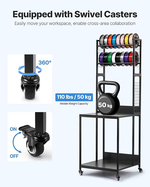VEVOR 3D Printer Filament Storage Rack, 4-Tier 3D Printer Stand with Filament Storage, Spools Holder Racks Cart with Wheels, Filaments Organzied for 3D Printing Station, Office, Workshop (Shelf Only)