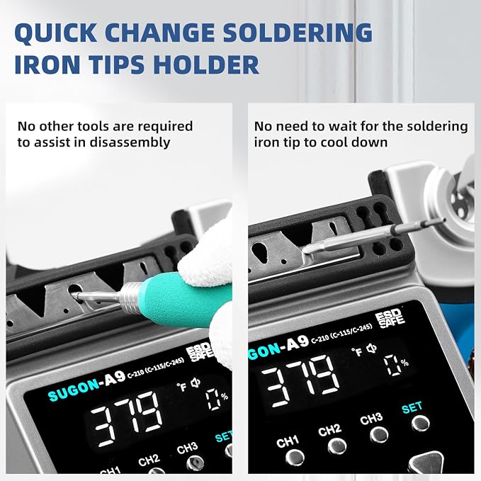 SUGON A9 210 Precision Soldering Stations 120W， LCD Display Digital Soldering Iron Kit,2 Seconds Fast Heating up 716℉, 3 Temperature Storage,212℉-842℉, ℃/℉,ESD,Quick Change Soldering Iron Tips Holder