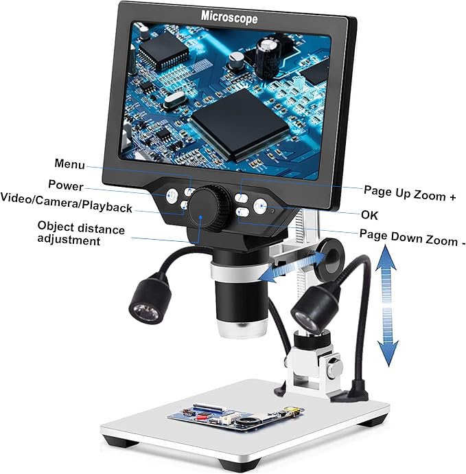 7" LCD Digital Microscope for Adults, 1200X Coin Magnifier with Screen, 12MP 1080P USB Camera, Metal Stand, 8 LED Lights, PC View for Soldering and PCB Repair