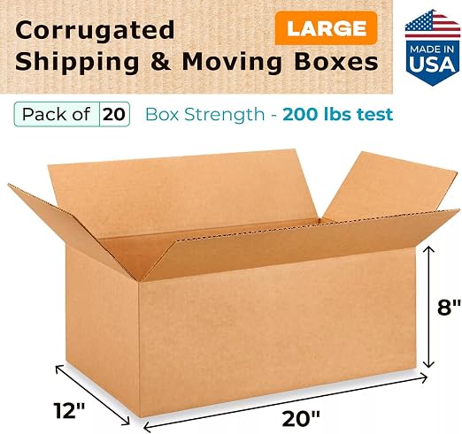 Large Shipping & Moving Boxes 20"L x 12"W x 8"H (20-Pack) - Extra Strength 200 lb vs Regular - USA-Made Corrugated Heavy-Duty Large Moving Boxes - Packing Box for USPS/FEDEX - Big Box by IDL Packaging