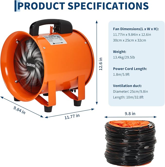 8 Inch Utility Blower Exhaust Fan, Portable Industrial Exhaust Fan with 32.8 ft Flexible Duct Hose, 1100 CFM Low-Noise Air Mover Blower Fan/Extractor/Ventilator for Basements, Workshops, Warehouses