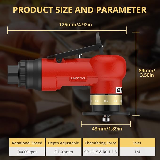 AMTOVL Pneumatic Chamfering Tool - Mini Air Chamfer Tool with 10 C-Angle & 10 R-Angle Blades, 45° 30000 RPM Chamfering Tool for Metal and Wood with 1/4" Air Inlet
