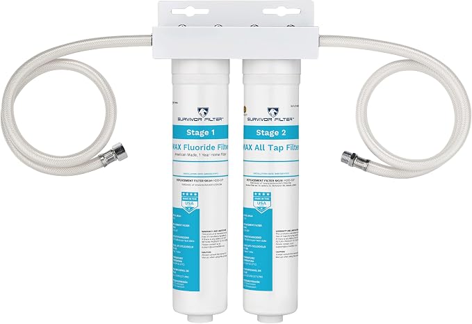 Survivor Filter Max, 2-stage, In-line, Under Sink Water Filteration System | Fluoride, Chlorine & Heavy Metals Reduction, Easy Installation, Water Filter for Sink Faucet, Improves Taste, Made in USA