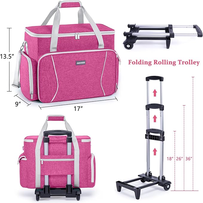 AMOIGEE Rolling Sewing Machine Case with Wheels – Sewing Machine Bag with Detachable Wheels Frame, Trolley Tote with Removable Padding,Fits Most Standard Machines Compatible with Singer,Brother,Janome