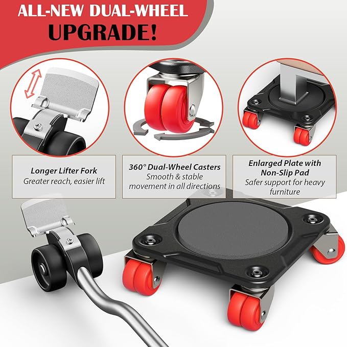ONEON Heavy Duty Furniture Movers with Wheels Dolly with Auxiliary Lifter, All-New Upgraded Carbon Steel Panels & Dual-Wheeled Casters, Supports up to 1650 lbs (L)
