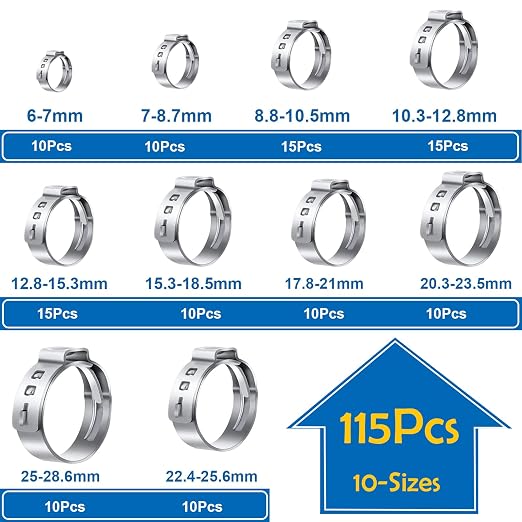 115Pcs 10-Sizes 304 Stainless Steel Single Ear Hose Clamps with Ear clamp plier 6-28.6mm Crimp Hose Clamps Assortment Kit for Auto/Home Appliance/Pipe/Fuel Line Stepless hose clamp with pincer