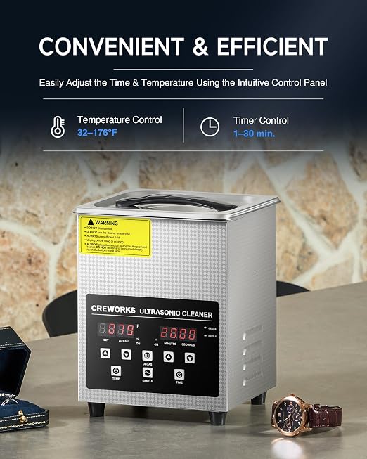 CREWORKS 2L Digital Ultrasonic Cleaner with Degas & Gentle Modes, 0.5 gal. Ultrasonic Cleaning Machine with 150W Heater & 1-30 min. Timer, 60W Professional Ultrasound Cleaner for Glasses Toys Tools