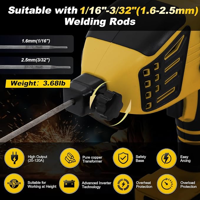 ITMIAYA® Portable Welding Machine 110V ARC Stick Welder Handheld for Metal IGBT Inverter 20-120Amps Stepless Current 1/16"-3/32" Electrodes Home Repair DIY Work (Yellow)