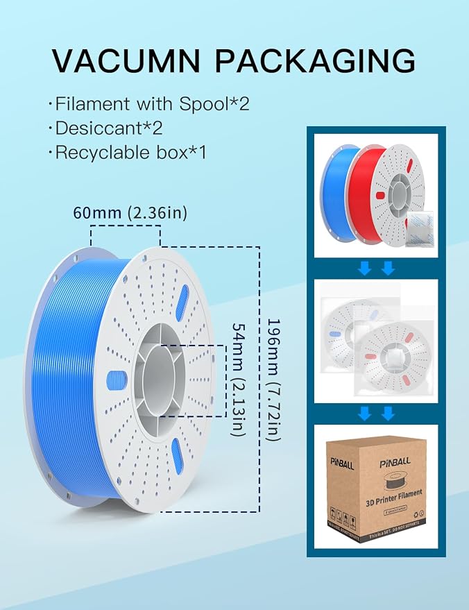 PINBALL PETG 3D Printer Filament 1.75mm High Precision Durable Moisture-Proof Strong Filament Mith Better Flow Dimensional Accuracy +/- 0.02mm Suitable for Most FDM 3D Printers 2 Kilograms Red，Blue