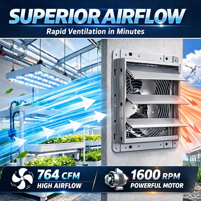 Hon&Guan 12 Inch Shutter Exhaust Fan with Stepless Speed Controller, 764 CFM High Airflow, 1600 RPM Wall Vent Fan, Automatic Gravity Shutters, Easy Install for Garage, Shed & Greenhouse, Gunmetal Gray