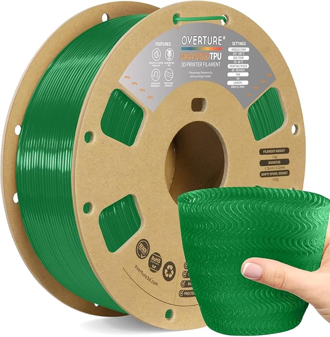 OVERTURE High Speed TPU 95A Flexible 3D Printer Filament 1.75mm | High Elasticity & Durability Filament,1kg Spool(2.2lbs),Fit Most FDM Printer(HS TPU Translucent Green)