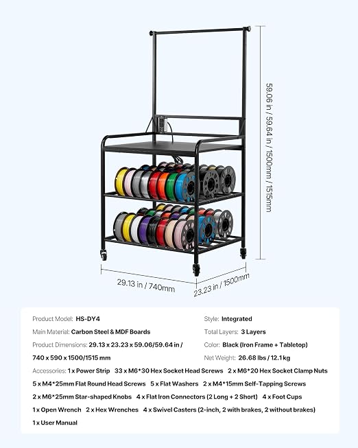 VEVOR 3D Printer Filament Storage Rack with Power Strip, 3-Tier Stand with Filament Storage, Spools Holder Racks Cart with Wheels, Filaments Organzied for 3D Printing Station, Workshop (Shelf Only)