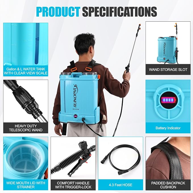 4 Gallon Battery Powered Backpack Sprayer with Auto-Mixing, Dual 21V 2.6Ah Battery, 2 Spray Wands (Stainless & Fiberglass), 100 PSI Garden Sprayer for Lawn Care