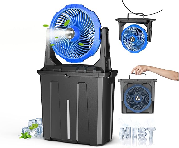 Ausic 9L Bucket Portable Misting Fan for Outdoors Patios, 30000mAh Rechargeable Battery Operated Camping Fan, 3 Strong Winds, 3 Large Spray Outlets, for Fishing/Travel/Garden Party/Golf/Tent/Office