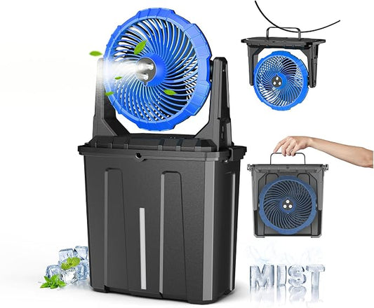 Ausic 9L Bucket Portable Misting Fan for Outdoors Patios, 30000mAh Rechargeable Battery Operated Camping Fan, 3 Strong Winds, 3 Large Spray Outlets, for Fishing/Travel/Garden Party/Golf/Tent/Office