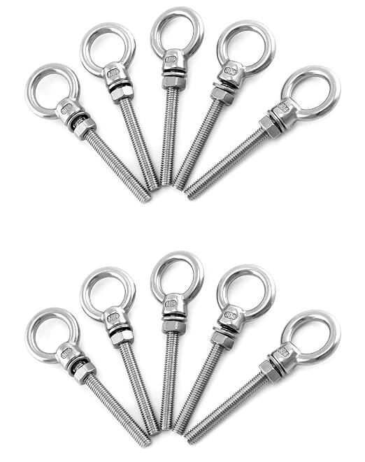 QWORK Threaded Eyebolts, 10 Pack 1/4" x 2" Long Stainless Steel Marine Grade Shoulder Eye Bolt