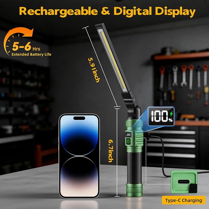 LNRYY Rechargeable Magnetic LED Work Light/Flashlight for Mechanics | All Aluminum, 1500 High Lumens, Digital Display, 360° Rotation, 7 Modes, for Car Repairing, Workshop, Gifts for Father