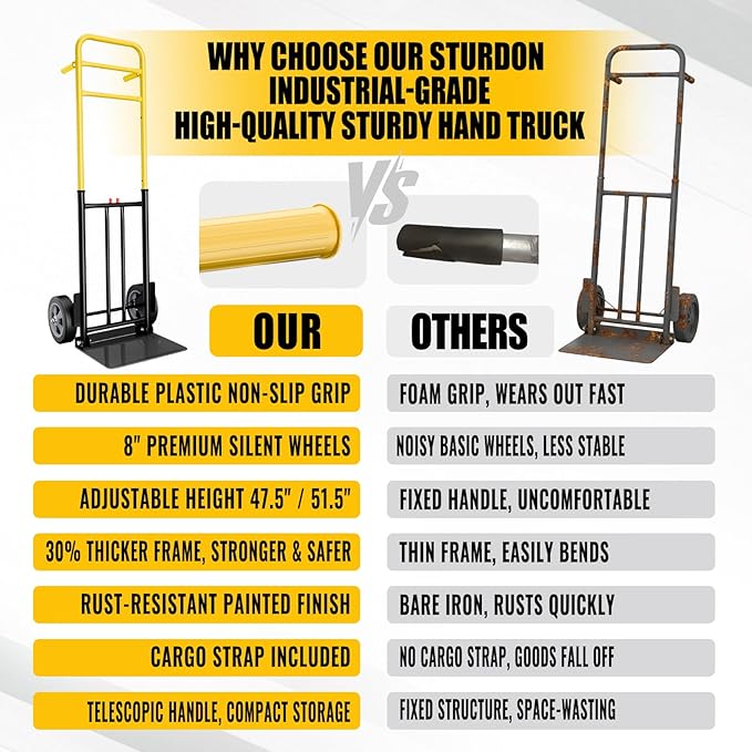 Folding Hand Truck Dolly Cart, 800 lb Capacity, Compact Foldable, Alloy Steel Frame, Adjustable Handle 47.5 to 51.5 Inches, Heavy-Duty 8 Inch Solid Rubber Wheels, for Moving, Warehouse, Home Office