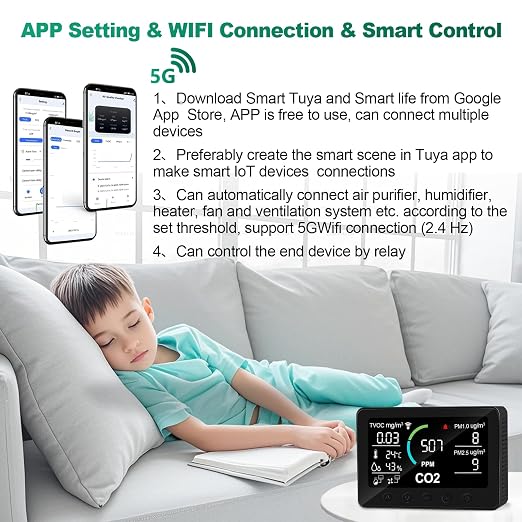 12 in 1 Air Quality Monitor Indoor, with WiFi and APP,Air Quality Tester for Home,Air Quality Meters for CO2,TVOC,PM1.0,PM2.5,AQI,Temperature and Humidity,Detector for Home,Office (Black)