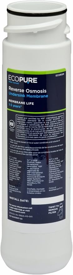 EcoPure ECOROM Reverse Osmosis Membrane Replacement – Fits ECOP30 & Select Kenmore & Brita RO Systems – NSF-Certified Stage 2 Filter – Reduces TDS, Lead, Chlorine & More – 1–3 Year Life – Easy Changes