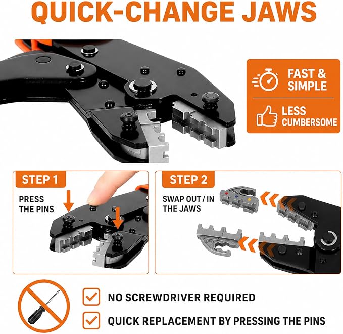 KF CPTEC 9PCS Quick-Change Wire Crimper Kit, Ratcheting Crimping Tool Set with Interchangeable Jaws, AWG 22-2, for Heat Shrink, Ferrules, Open Barrel, Insulated & Solar Connectors