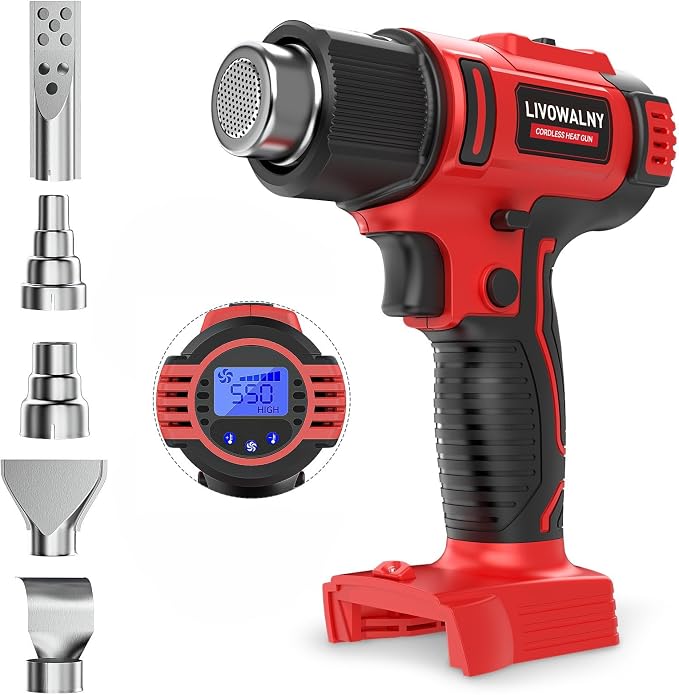 LIVOWALNY Cordless Heat Gun Compatible with Milwaukee 18V Battery (Tool Only), 350W 122℉~1202℉ (50℃-550℃) Variable Temperature Control Hot Air Gun with LCD Digital Display for Shrink Tubing, Crafts