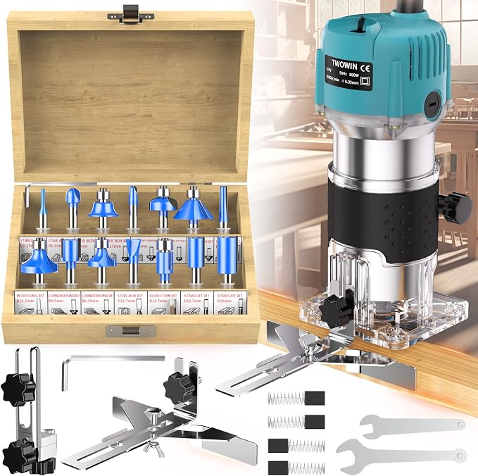 TwoWin Router Tool, 110V-120V 800W Compact Wood Router Tool for Woodworking, Electric Hand Trimmer 1/4" Collets Palm Wood Router Tools Laminate Trimmer + Tungsten Carbide Router Bits 15-Piece Set