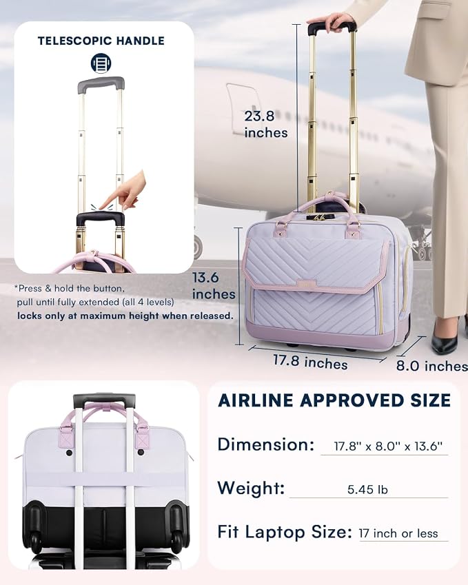 Arcoyard Rolling Laptop Bag Women, Rolling Briefcase for Women for Work, 17 Inch Computer Bag with Wheels, Fashion Flap Laptop Bag With Wheels for Work Business, TSA Friendly Design, Light Purple