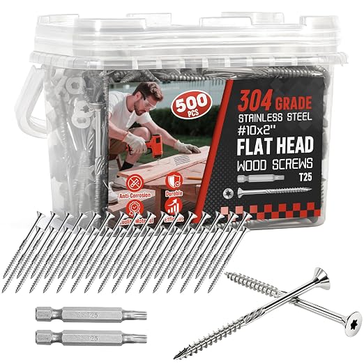 #10x2 Inch 304 Stainless Steel Deck Screws 500 PCS - Corrosion-Resistant Outdoor Wood Fasteners for Fences, Decks, Wood Project - T25 Star Drive Bit