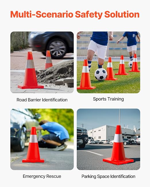 VEVOR 12Pack 18" Traffic Cones, Safety Road Parking Cones PVC Base, Orange Traffic Cone with Reflective Collars, Hazard Construction Cones for Home Traffic Parking