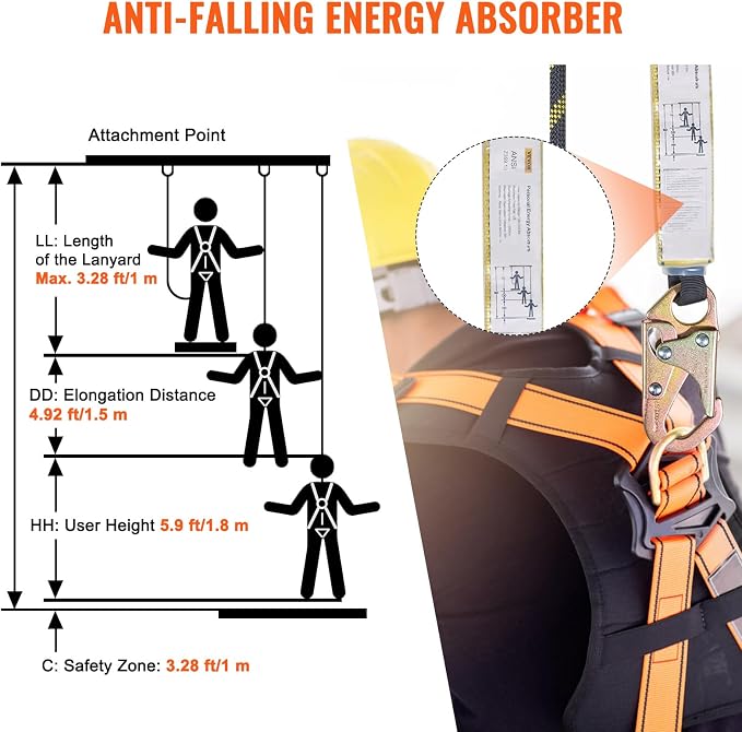 VEVOR Vertical Lifeline Assembly, 0.55'' x 25' Fall Protection Rope with 30 KN Breaking Tension, Polyester Roofing Rope with Steel Snap Hooks, Rope Grab, and Shock Absorber, ANSI Compliant