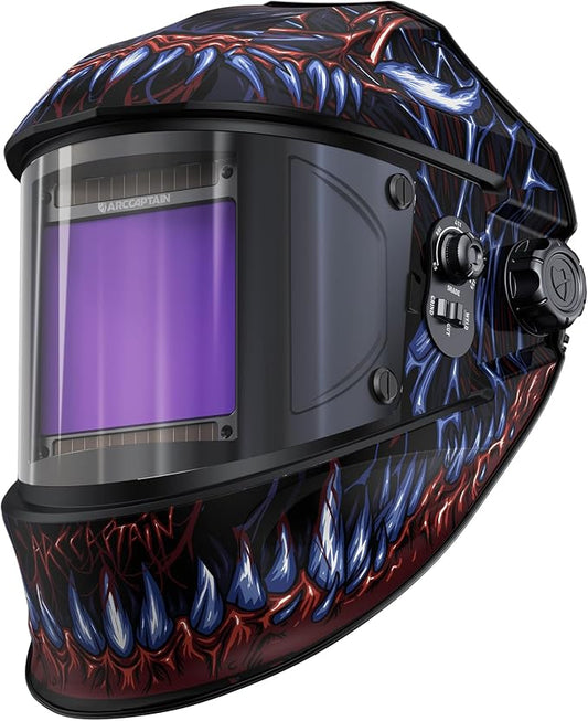 ARCCAPTAIN 3.94"X3.66" Welding Helmet Auto Darkening, 1/1/1/1 Top Optical Clarity Large Viewing Screen Solar Power Welding Hood with 4 Arc Sensor, Wide Shade 4-5/5-9/9-13 for TIG MIG ARC Welding CUT