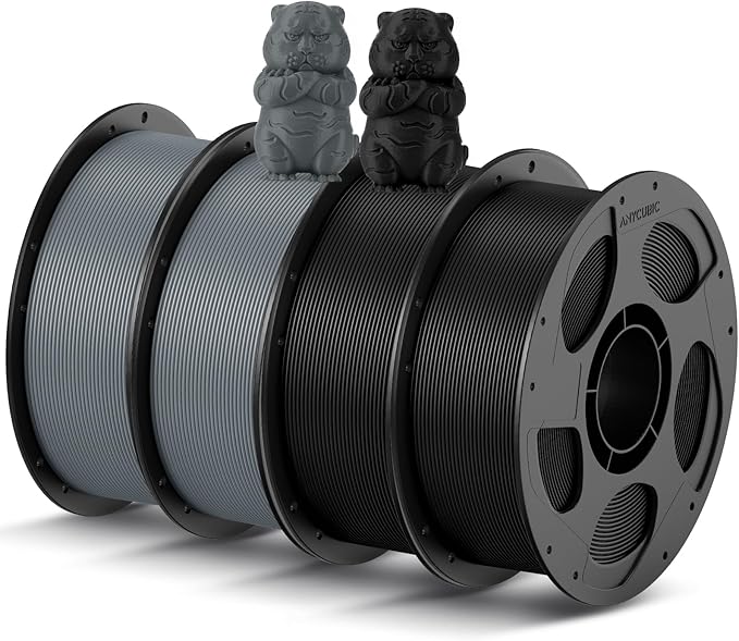 ANYCUBIC PLA 3D Printer Filament Bundle 4KG, 3D Printing PLA Filament 1.75mm Dimensional Accuracy +/- 0.02mm, 4 Pack 1KG Reusable Spool (2.2 lbs), 2 Pack of Texture Grey & 2 Pack of Black