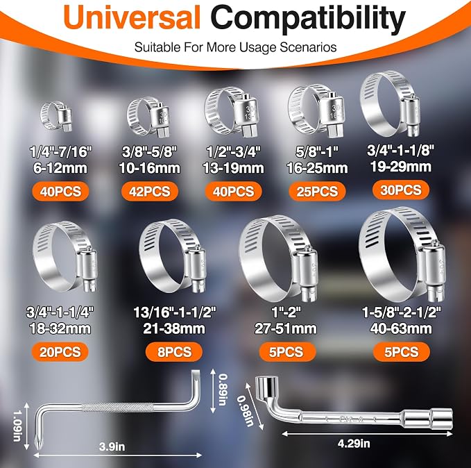 KELIN 217PCS 304 Stainless Steel Hose Clamp Kit, 9 Sizes from 1/4" to 2-1/2" (6-63mm) Adjustable Worm Gear Clamps with Socket Wrench& Screwdriver, Automotive Fuel Line Water Pipe Clamps Assortment Set