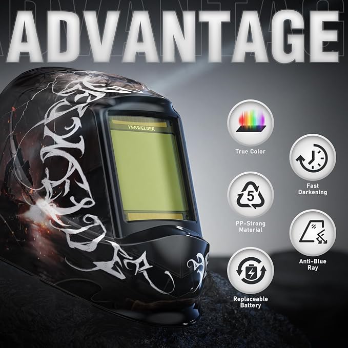 YESWELDER Large View Auto Darkening Welding Helmet, Blue Light Blocking, 1/1/1/1 True Color Solar Powered Welder Hood Mask with 4 Arc Sensors, Wide Shade 3/5-9/9-13 for TIG MIG ARC Cut and Grind