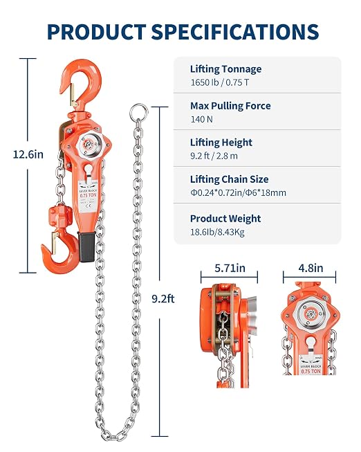Manual Lever Chain Hoist 3/4 Ton 1650 lbs Capacity, 10FT Come Along with G80 Galvanized Steel Chain, Weston Double Pawl Safety Brake, 360° Swivel Hook for Garage, Factory, Dock, Construction