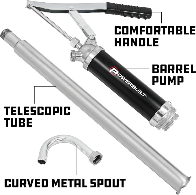 Powerbuilt Heavy Duty Level Action Barrel Pump, Drum Pump with Telescoping Suction Tube Fits 15 to 55 Gallon Drums, For Transferring Motor Oil, Heating Oil, Transmission Fluid- 648770