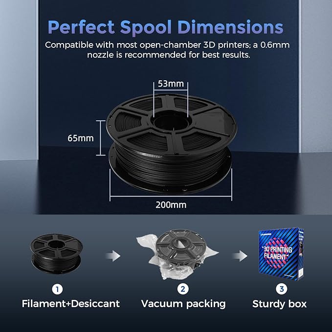 FLASHFORGE Carbon Fiber PLA Filament 1.75mm Black, Reinforced 3D Printer Filament 1kg, Lightweight & High-Strength PLA-CF Filament, Strong & Easy to Print