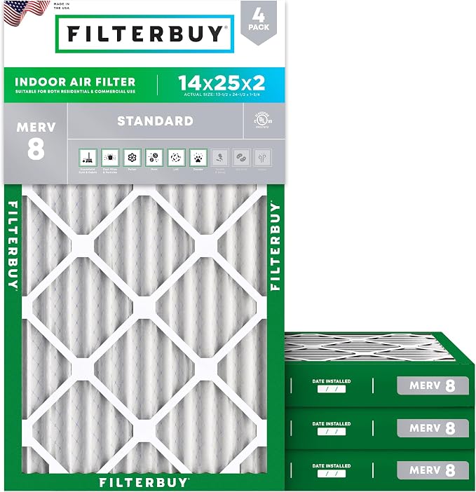 Filterbuy 14x25x2 Air Filter MERV 8 Essential Dust & Allergy Defense (4-Pack), Electrostatic Pleated HVAC AC Furnace Filters Replacement, Made in USA (Actual Size: 13.50 x 24.50 x 1.75)