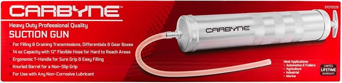 Carbyne Suction Gun, 14 oz Capacity, 12 in. Flexible Hose, Zinc-Plated Steel Barrel, for Transmissions, Differentials, and Gear Boxes