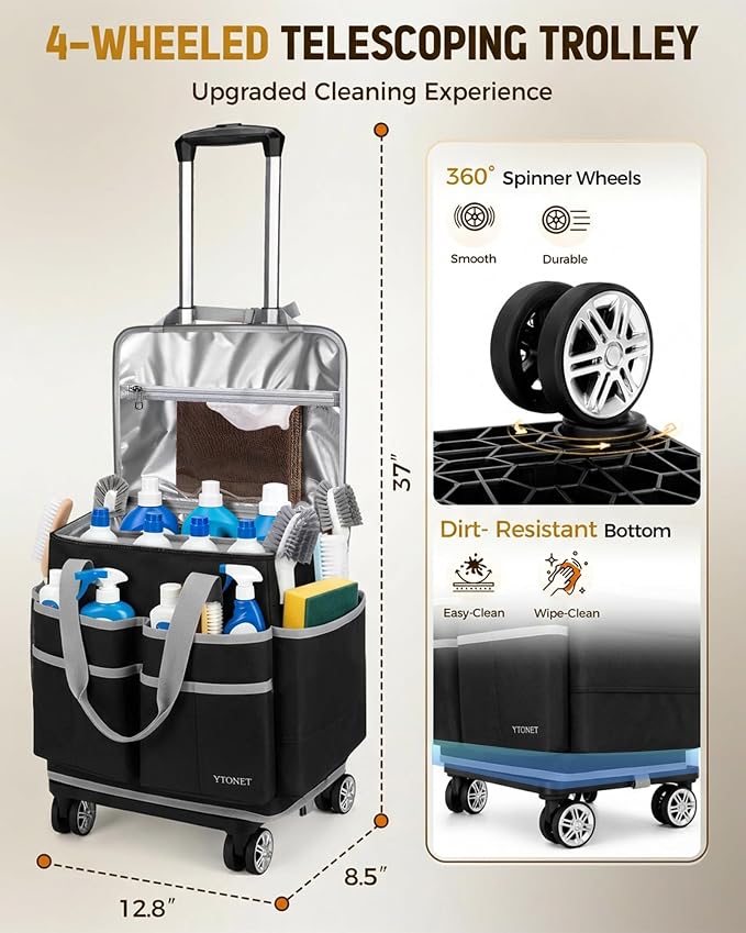 Ytonet Wearable Rolling Cleaning Caddy Bag with Cleaning Apron, Large Cleaning Caddy with 4 Spinner Wheels, Detachable Trolley Portable Cleaning Supplies Organizer Cart for Housekeepers, Utility Bag