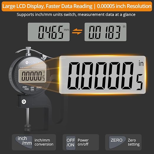 Neoteck Digital Thickness Gauge 1inch/25.4mm,0.00005inch/0.001mm LCD Display with Inch/MM Conversion One-Hand Quick Press Thickness Measuring Tool for Leather Paper Fabric Film etc.-Silver-Black