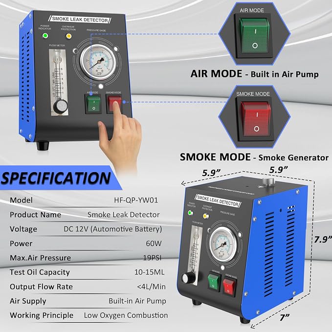 Smoke Machine Automotive Leak Detector Built in Air Pump, EVAP Smoke Machine Leak Tester with Pressure Gauge and Flow Meter, Dual Mode Smoke Tester Automotive for All DC 12V Vehicles