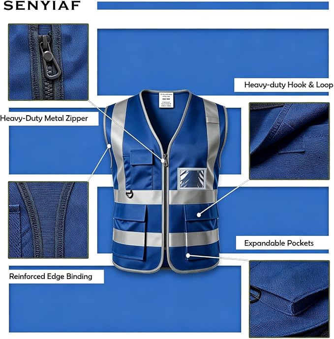 12 Pack Hi Vis Reflective Safety Vest Multi Pockets & Zipper Class2 | Construction Work Vest for Men and Women,Warehouse Crews,Road Workers,Volunteers,Security,Baggage Handling,Survey,Airport