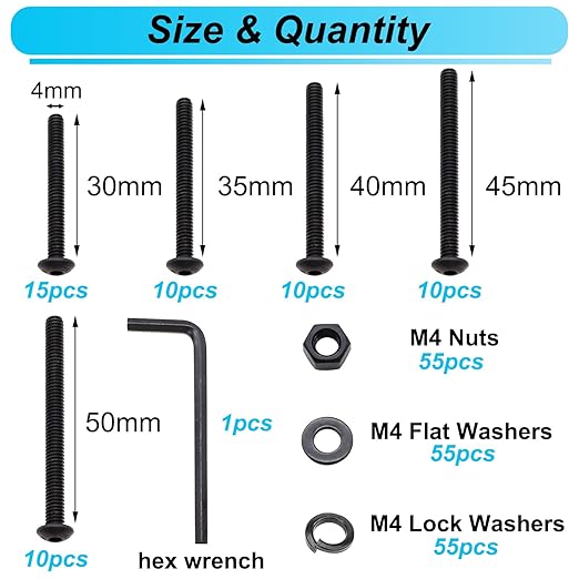 220PCS Black M4 Button Head Hex Socket Cap Screws, M4 x 30/35/40/45/50mm Metric Screws Bolts Nuts Washers Assortment Kit, 10.9 Grade Alloy Steel
