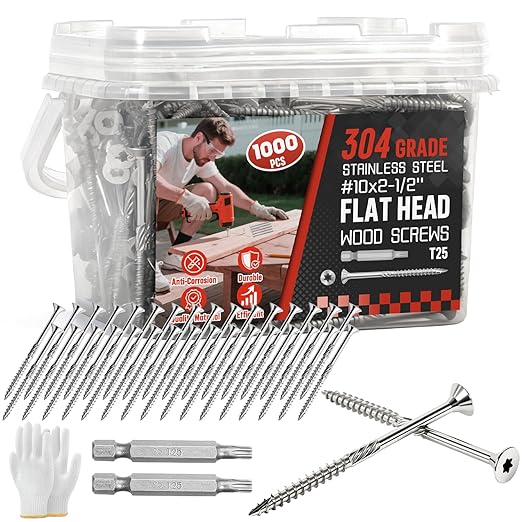 #10x2-1/2 Inch 304 Stainless Steel Deck Screws 1000 PCS - Corrosion-Resistant Outdoor Wood Fasteners for Fences, Decks, Wood Project - T25 Star Drive Bit