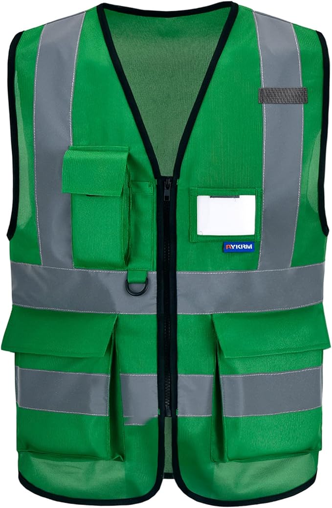 A-SAFETY big and tall green construction vest 4XL 5xl | Green 4XL-5XL work vest with reinforced pockets, front zipper and clear ID holder for park maintenance and landscaping.