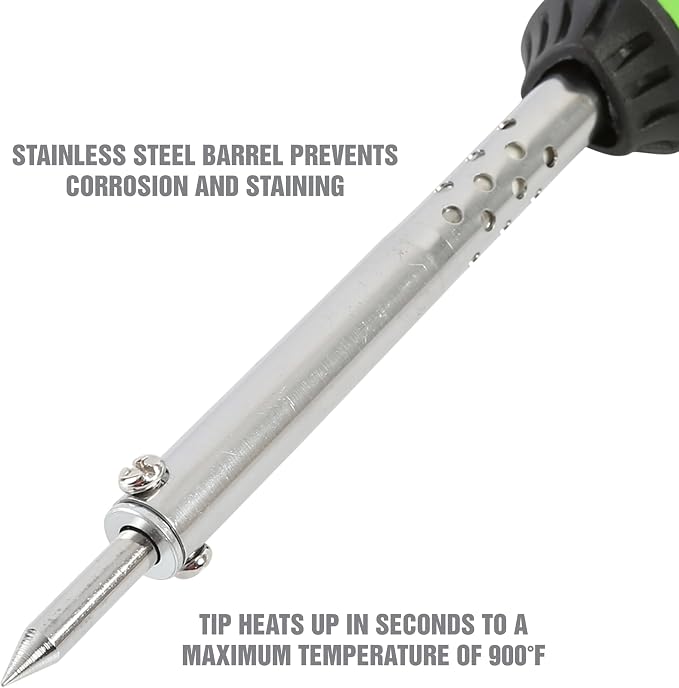OEMTOOLS 24761 60 Watt Soldering Iron with Metal Stand, Green and Black, Automotive Solder Iron with Pencil Tip Soldering Iron Attachment
