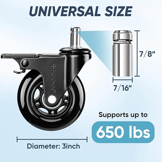 TICONN Office Chair Caster Wheels Set of 5 for Tile, Hardwood Floors and Carpets, Universal Fit for Most Chairs (Black with Brake)