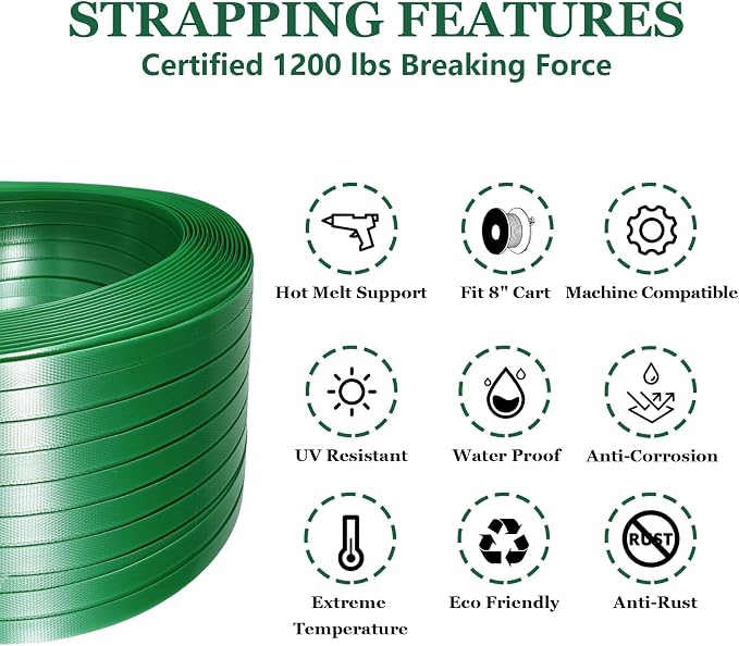 Packaging Strapping, Pallet Straps, Banding Strap (5/8" x 1500 ft x 0.035" PET Polyester Coil Roll and 100 Buckles) - Certified 1200 lbs Break Plastic Strap